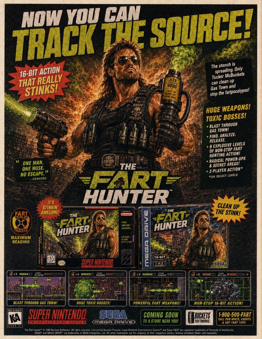 Fart Hunter SNES and Mega Drive game advertisement.